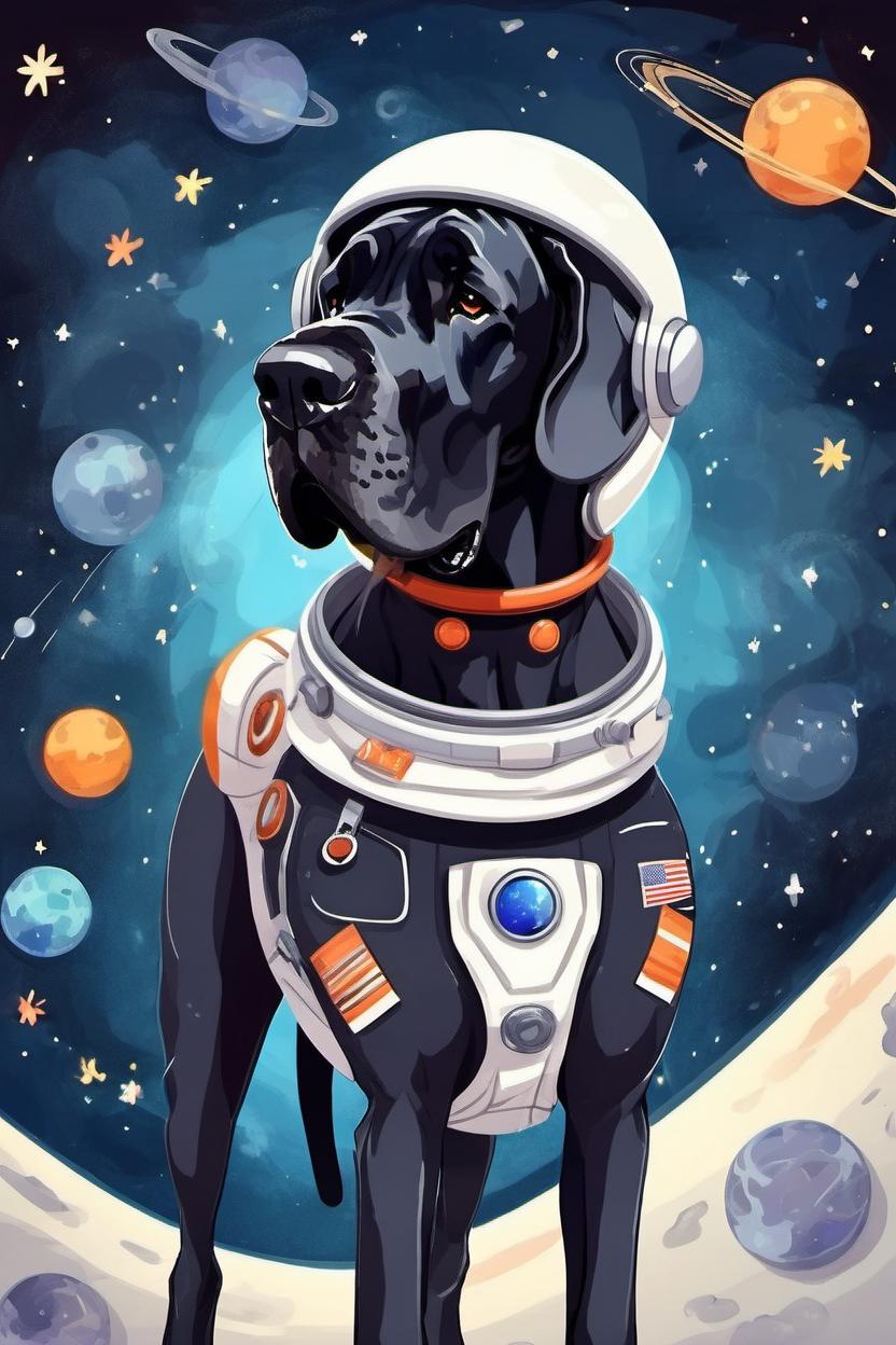 Artificial Intelligence (AI) generated image art, (...), (black great dane), in astronaut suit, in cartoon style, flying in space, cosmos, stars,