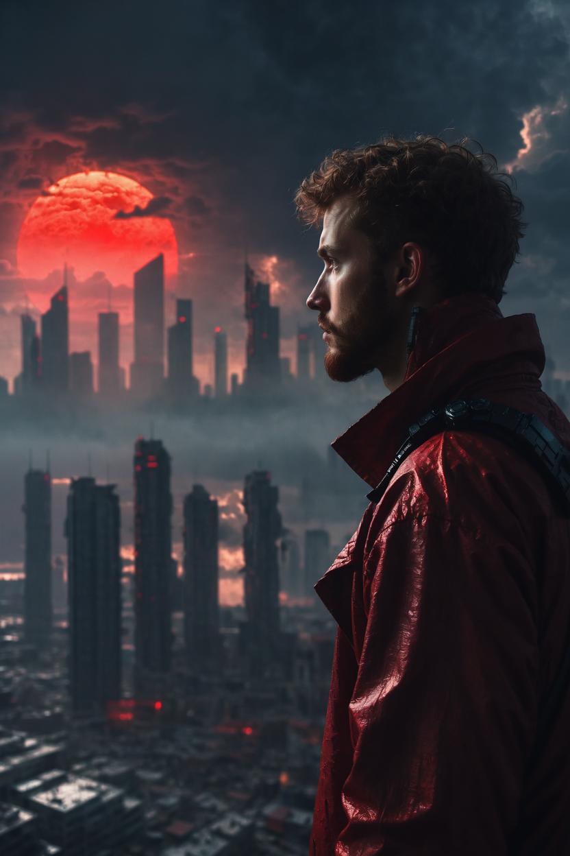 Artificial Intelligence (AI) generated image art, ...,looking at a ((cyberpunk megacity built on a cloud)) in the distance, epic, cinematic lighting, side portrait, scifi detective colthes, cinematic lighting, from behind, red sun