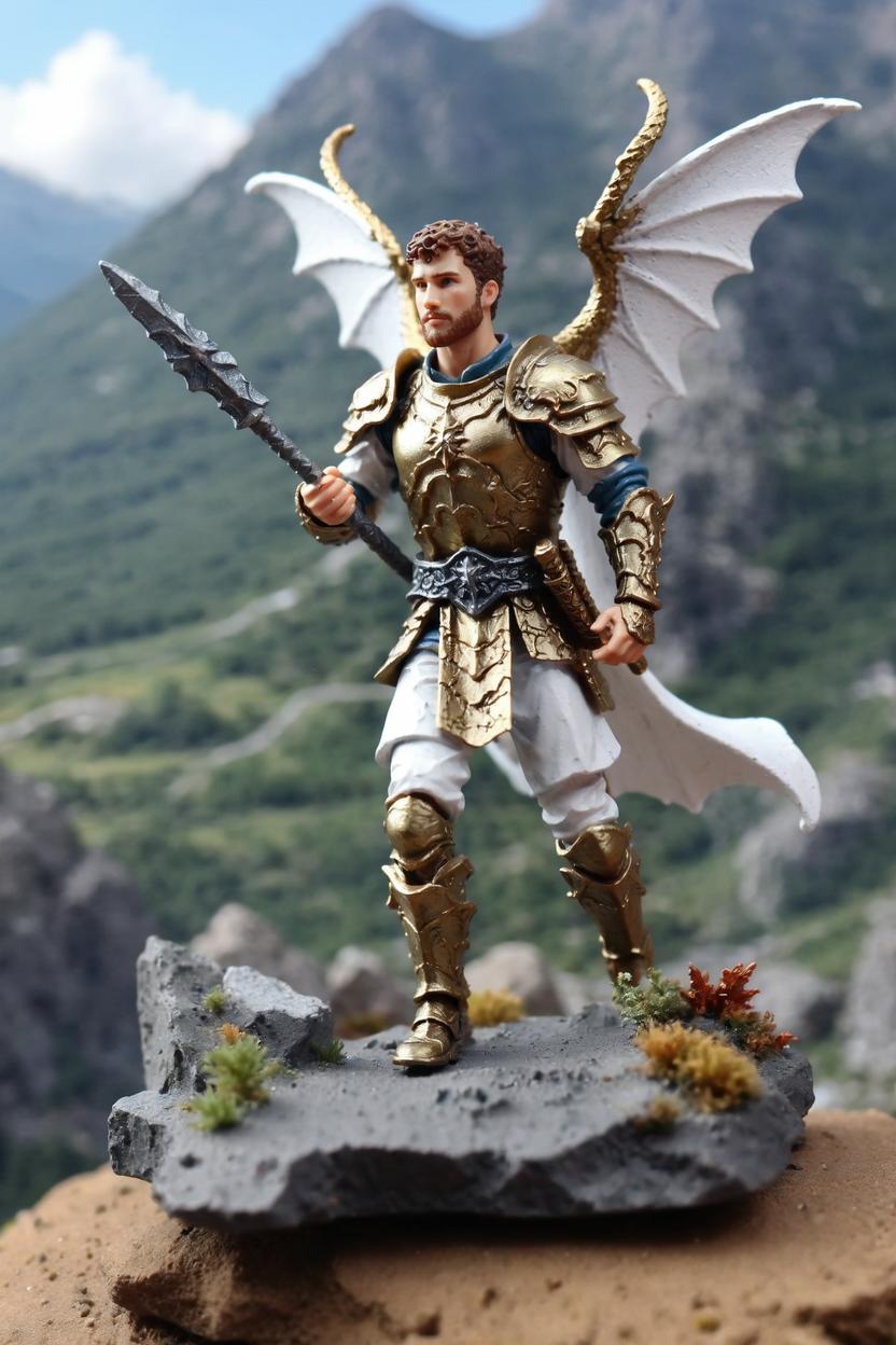 Artificial Intelligence (AI) generated image art, ..., as a beautiful miniature figurine, as a fantasy paladin, miniature terrain, mountainous background, dragons flying in background