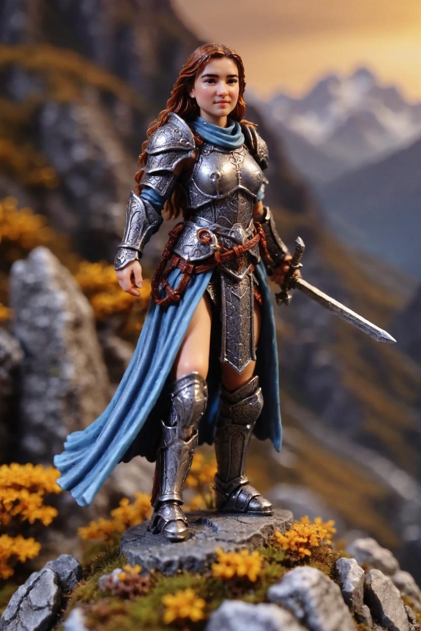 Artificial Intelligence (AI) generated image art, ..., as a beatiuful dnd miniature figurine, as a fantasy paladin, miniature terrain, mountainous background,