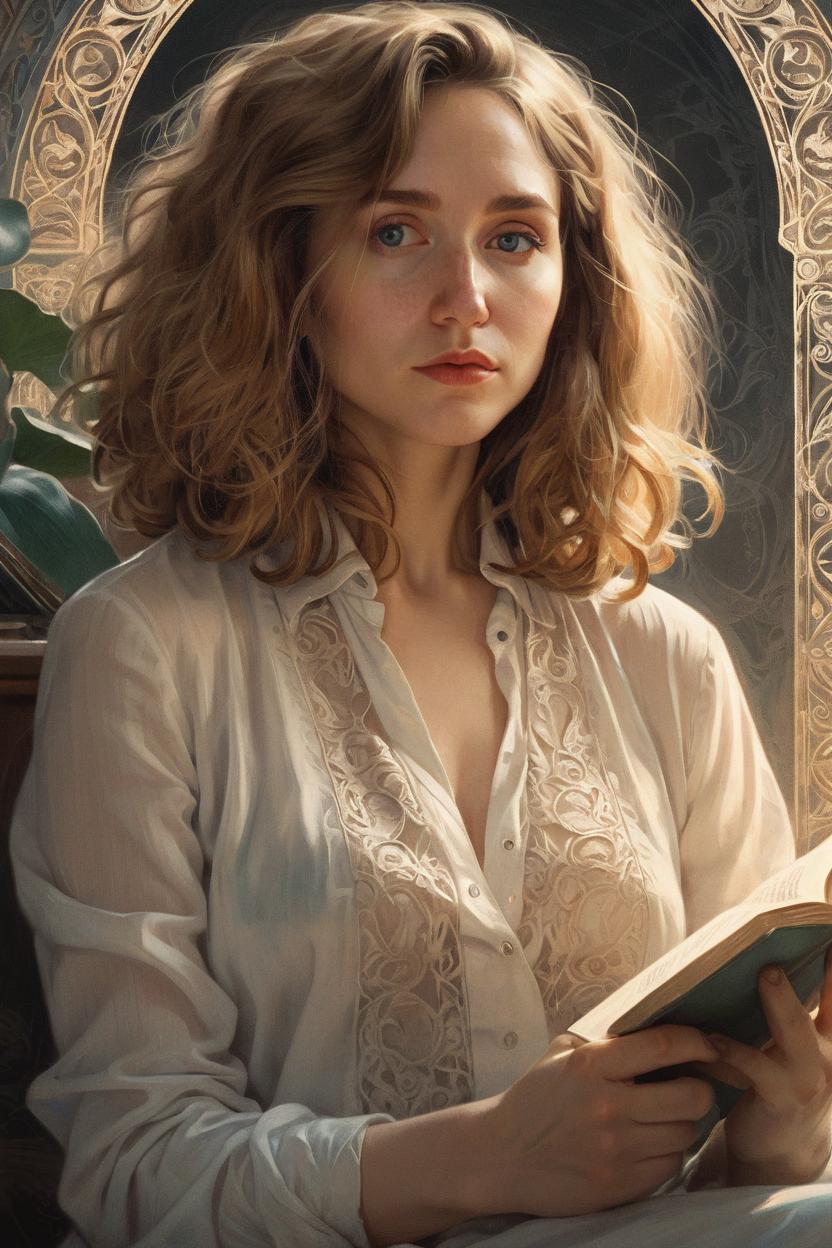 Artificial Intelligence (AI) generated image art, ..., Portrait of young woman read the book, real life skin, intricate, elegant, highly detailed, artstation, concept art, smooth, sharp focus, art by artgerm and greg rutkowski and alphonse mucha