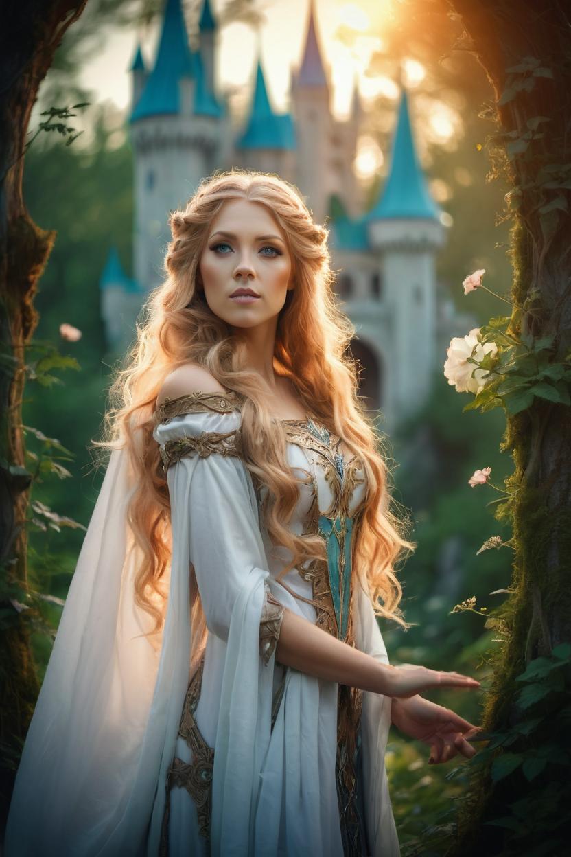 Artificial Intelligence (AI) generated image art, ..., ((portrait)), beautiful blonde haired fairy princess, high quality photograph, in a lothlorien forest full of elegant and big trees, with hands open, ((style of lord of the rings)), ((with very detailed elvish clothes)), standing in the middle looking directly at the camera, deep focus, d & d, fantasy, intricate, elegant, highly detailed, digital painting, artstation, concept art, sunset, matte, sharp focus, illustration, hearthstone, art by artgerm and greg rutkowski and alphonse mucha and marco mazzoni, fairy tale castle in the background with tall towers, flowers falling all around, with white aura coming from her eyes and face, with magic power coming from her