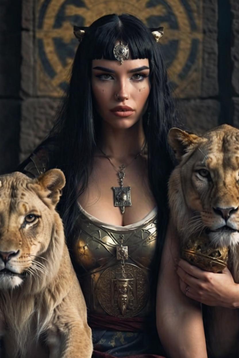 Artificial Intelligence (AI) generated image art, ..., as a medieval goddess with two lions in the tarot card \'strength\' with dark hair, dramatic lighting, ultra-realistic, 8k