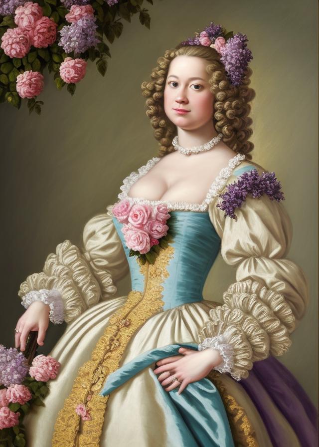 Artificial Intelligence (AI) generated image art, ..., baroque style portrait, oil painting, romantic wearing Versailles style clothing and hair, featuring roses, lilacs, and blue birds