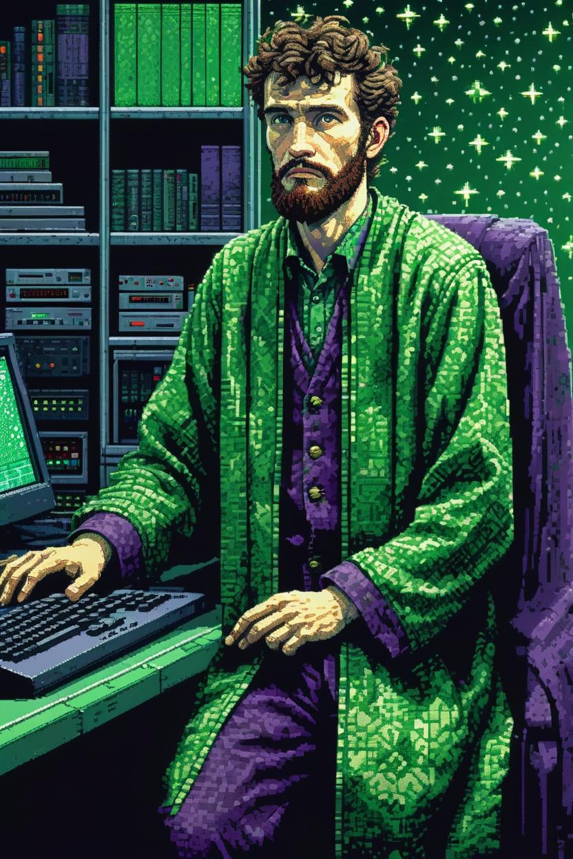 Artificial Intelligence (AI) generated image art, portrait of ..., as a wizard, in a green hightech computer room, halftone dot, in the style of conceptual embroideries, bernie wrightson, pixelart, digitally enhanced, albert pinkham ryder, in the style of embroidery, retro video game pixel graphics, stitched, jim burns, cinestill 50d, detail, gilbert williams, pixel art, purple sunset, stars in sky