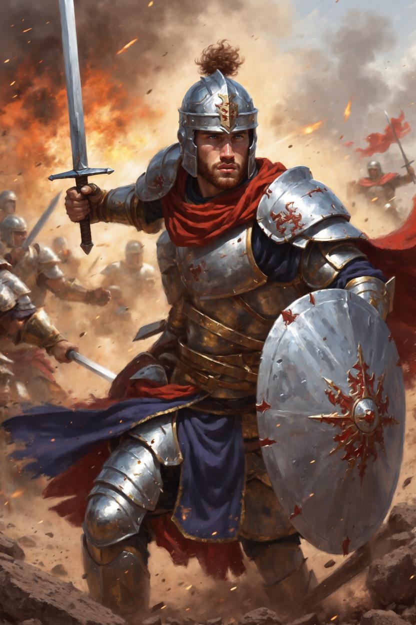 Artificial Intelligence (AI) generated image art, ..., as fantasy paladin, art by greg rutkowski, fighting in battle, in front lines