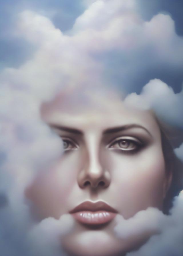Artificial Intelligence (AI) generated image art, ..., euphoric woman floating in translucent clouds, psychic mist, beautiful ethereal, hyperrealism.