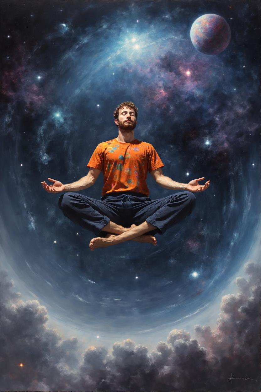 Artificial Intelligence (AI) generated image art, ..., art by greg rutkowski, floating through space, meditation pose