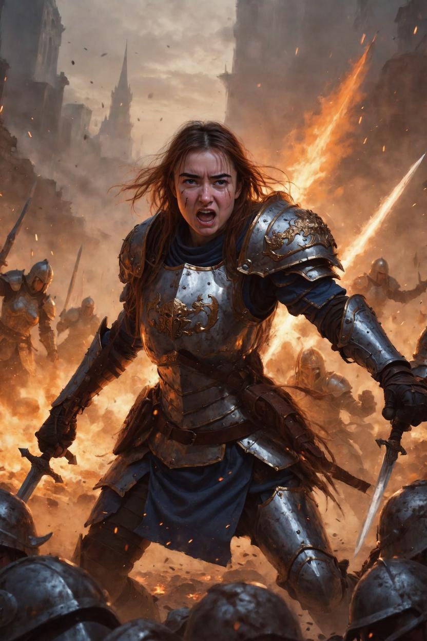 Artificial Intelligence (AI) generated image art, ..., as fantasy paladin, art by greg rutkowski, fighting enemies in battle, in front lines, angry