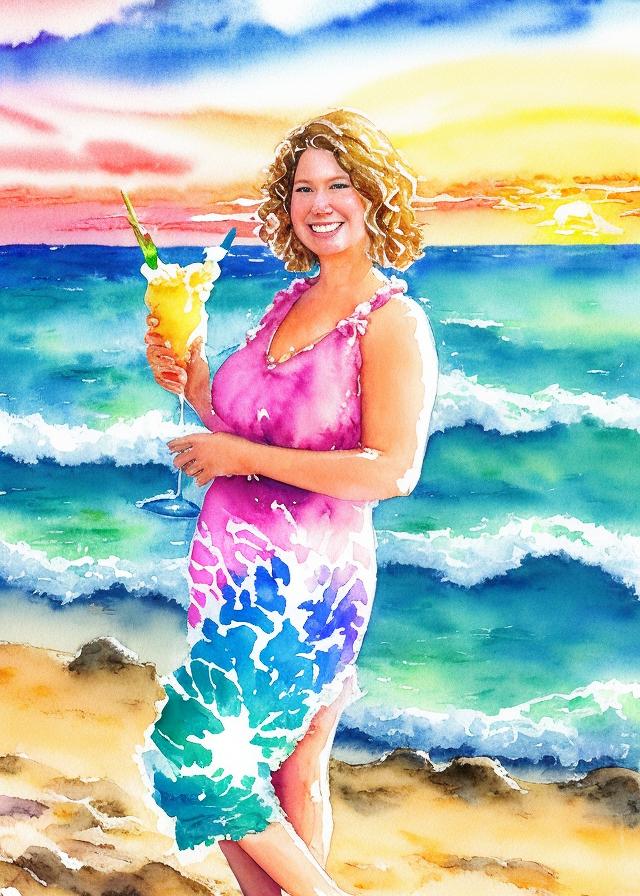 Artificial Intelligence (AI) generated image art, ..., on a Hawaiian beach, sunset, (water color style), holding a Pina colada, sea shells, whales, crabs