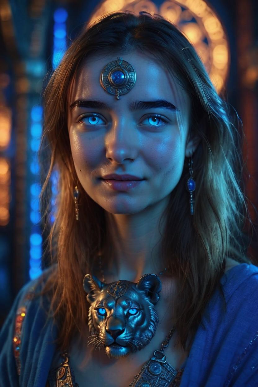 Artificial Intelligence (AI) generated image art, ..., as a medieval goddess with two lions in the tarot card strength, Girl, mysterious, egypcian, neon glow colors, metal, silver, highly intricate details, blue eyes, 3d, cgi, realistic light, trending on cgsociety, glowing eyes, ultra realistic details, pose, portrait, fantasy atmosphere, global illumination, shadows, octane render, 8 k,