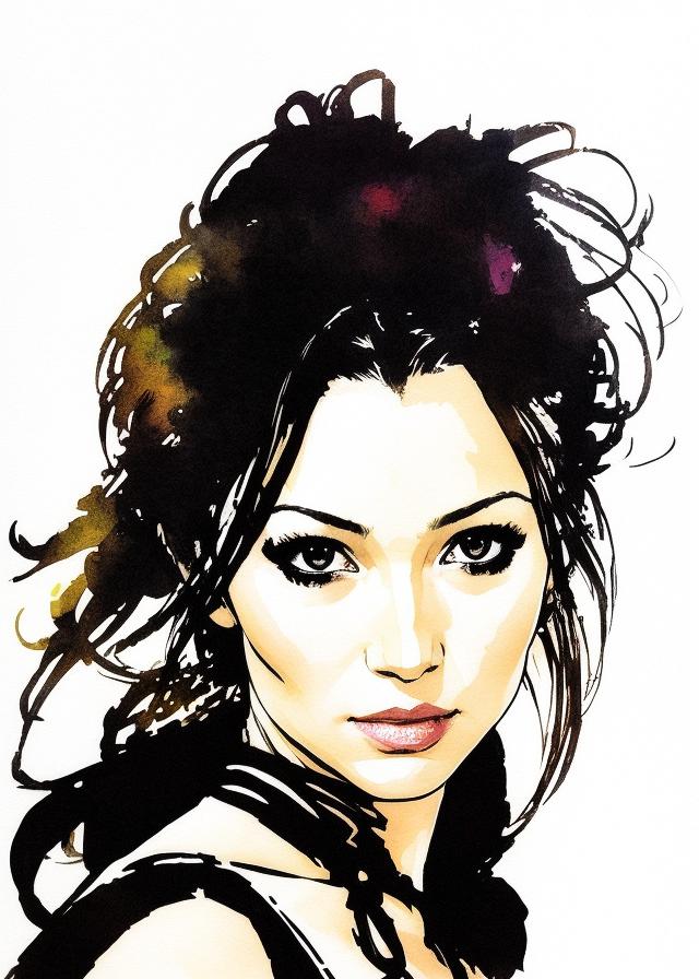 Artificial Intelligence (AI) generated image art, handsome portrait of beautiful female ..., (leave space above head), (coloured ink drawing), ((art by yoji shinkawa))