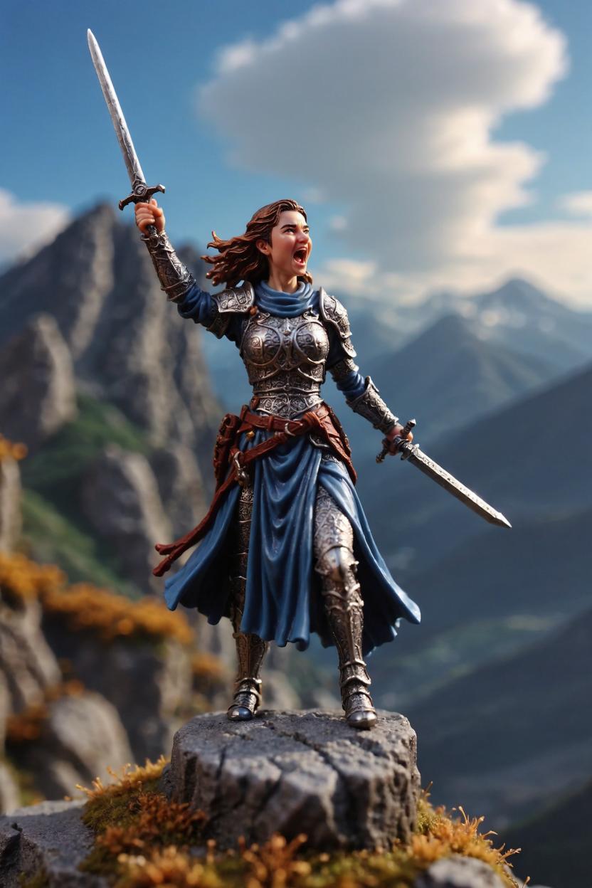 Artificial Intelligence (AI) generated image art, ..., as a beatiuful dnd miniature figurine, as a fantasy paladin, miniature terrain, mountainous background, pointing sword to the sky, screaming