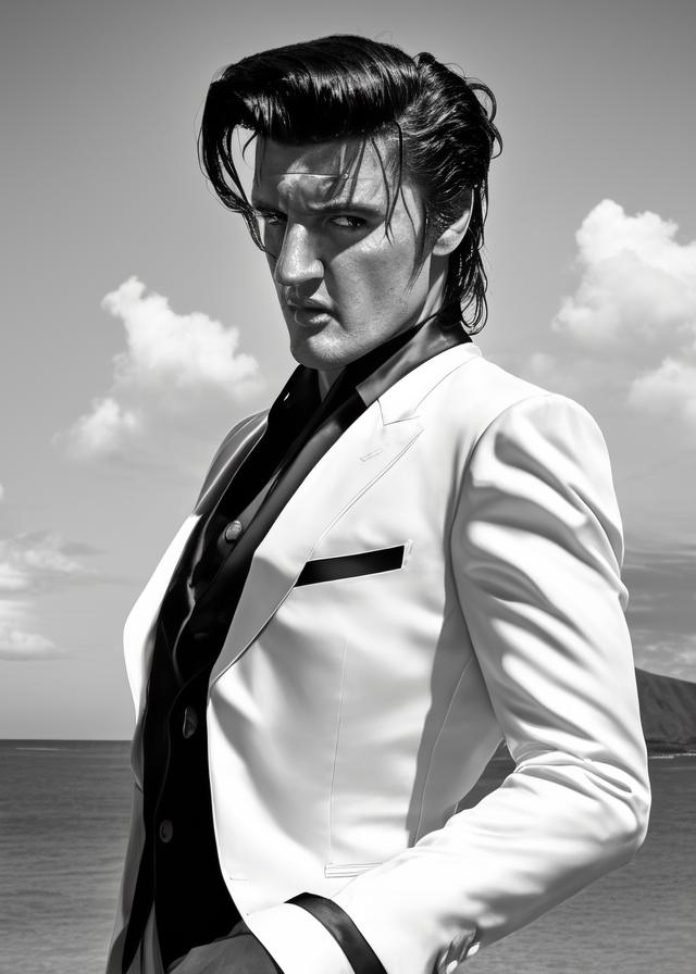 Artificial Intelligence (AI) generated image art, ... as Elvis Presley, portrait, in hawaii, Shot on Hasselblad H6D-400c lens, copy Sisley Spring  Summer 2014 campaign session with more of a vogue or fancy gentleman style clothes, ultra high definition, ultra-realism, ultra realistic, young, handsome, gentleman