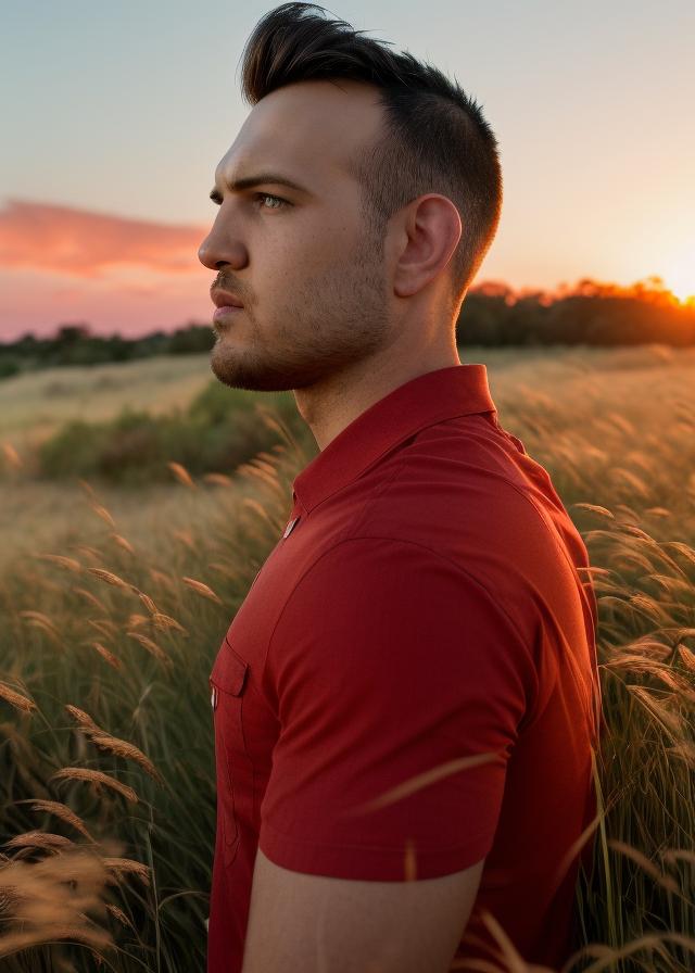 Artificial Intelligence (AI) generated image art, ..., side portrait, in tall grass, Shot on Hasselblad H6D-400c lens, ultra high definition, ultra-realism, ultra realistic, handsome, red sunset