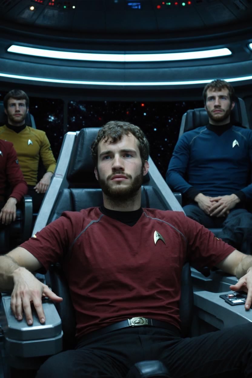 Artificial Intelligence (AI) generated image art, ... in Star Trek-movie, still, photorealistic, sitting in the captains chair in the interior of a space ship, other Star Trek characters in the background