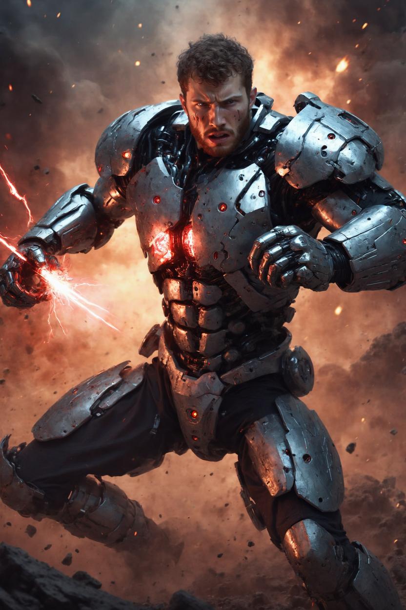 Artificial Intelligence (AI) generated image art, ... as an evil cyborg, fighting in an intense scifi battle, angry, diffuse lighting, fantasy, intricate, elegant, highly detailed, lifelike, photorealistic, digital painting, artstation, illustration, concept art, smooth, sharp focus, art by john collier and albert aublet and krenz cushart and artem demura and alphonse mucha
