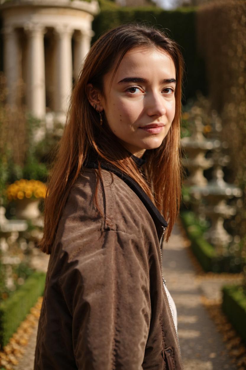 Artificial Intelligence (AI) generated image art, ..., photography, medium shot, wearing 90s jacket, shot on hasselblad lens, in roman garden, daylight, beautiful, good ligthing, sharp focus, ultra detailed 8k, symmetric brown eyes