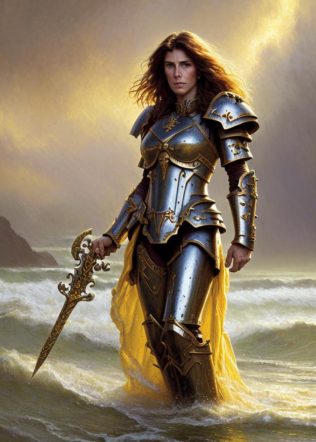 Artificial Intelligence (AI) generated image art, ..., as fantasy, beautiful, warhammer marine, after battle, kneeling, holding sword in right hand, (full body armor, yellow and purple clothing), long, flowing hair, ((portrait and torso)), digital, epic scene, epic light (highly detailed), storms and raging ocean in background, sharp faces, by Greg Rutkowski and Klimt and Gaston Bussiere, humble expression, 8K, intricate detailed, fine details, artstation, masterpiece, elegant, digital painting, illustration, concept art, smooth, sharp focus, symmetric face, detailed face, award winning photo, majestic