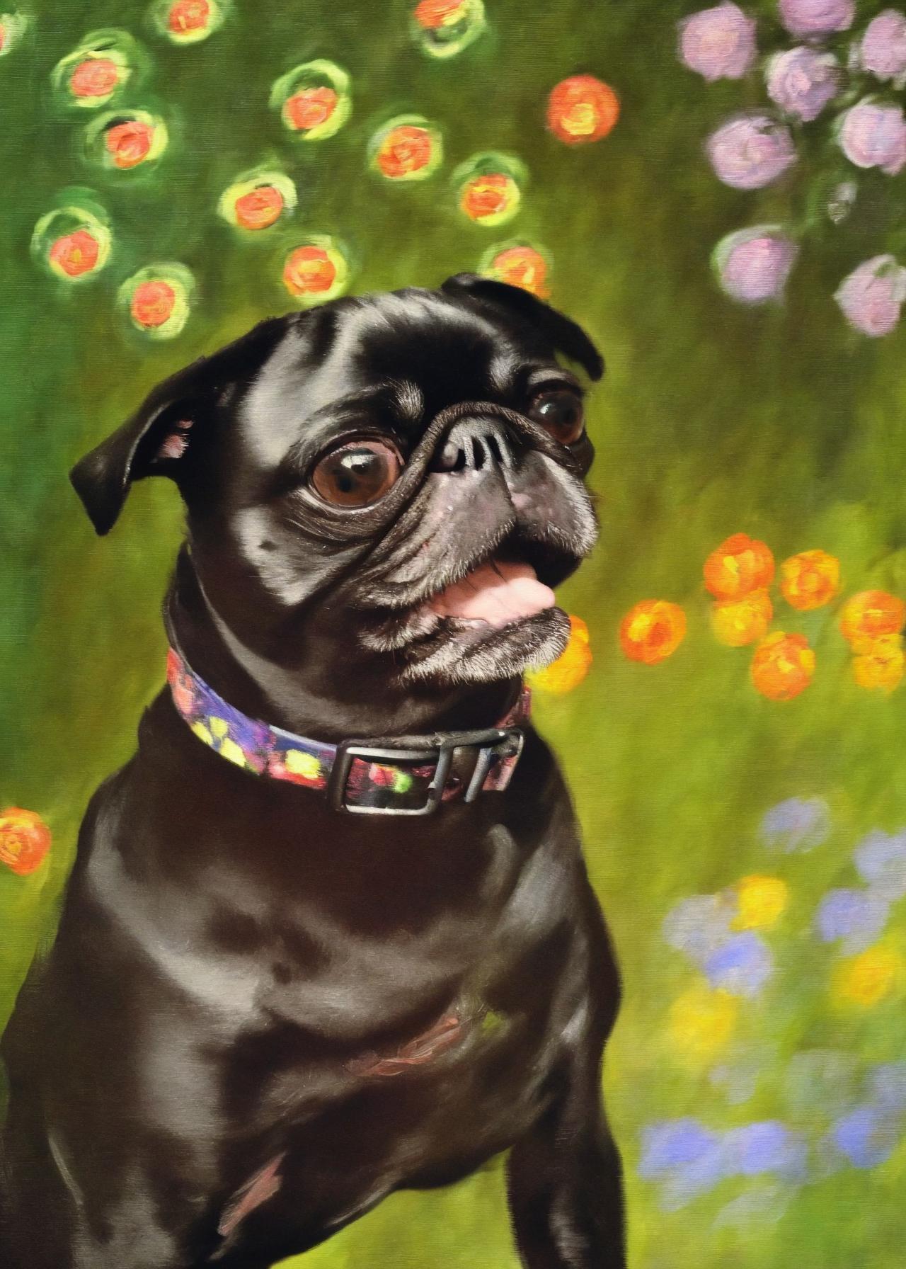 Artificial Intelligence (AI) generated image art, cute happy ..., (portrait), (close-up), ((painting by claude monet)), flowers, sunset in background, looking in camera