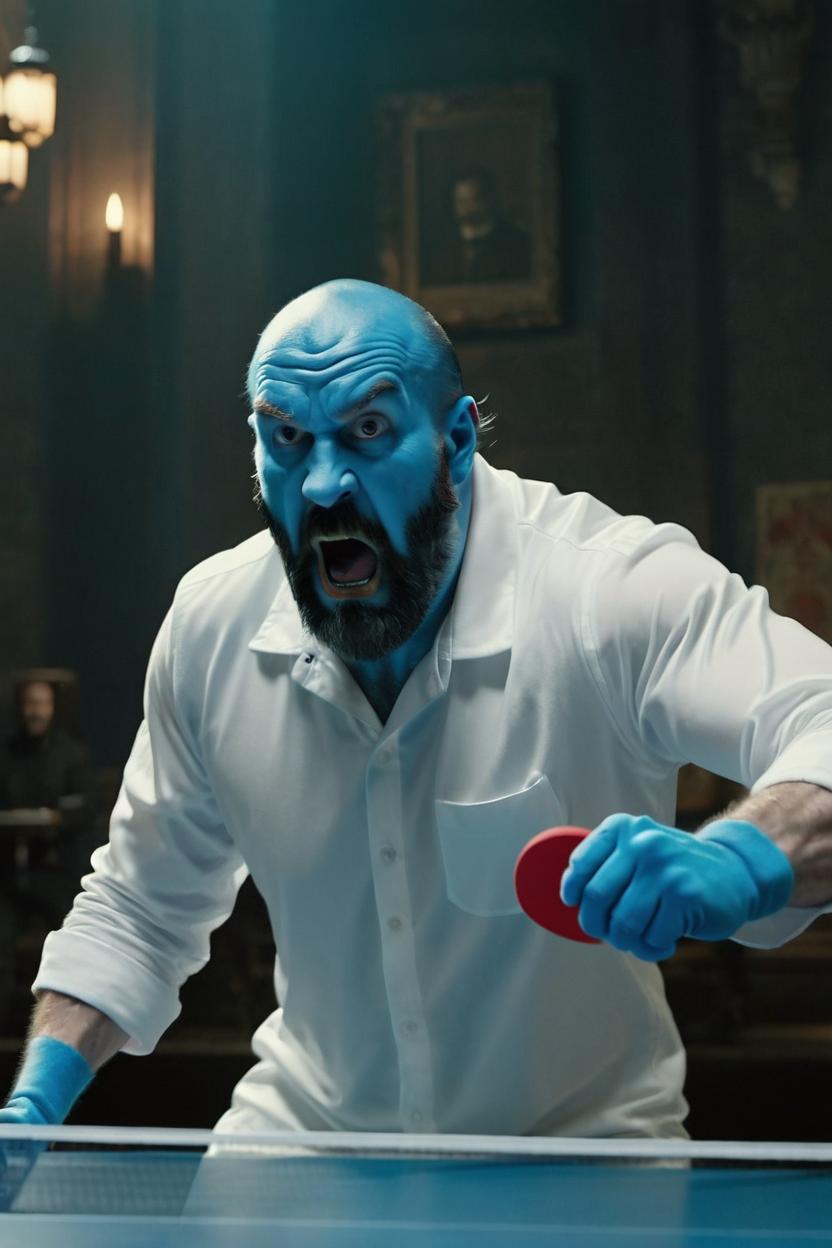 Artificial Intelligence (AI) generated image art, ..., as an angry smurf, playing table tennis, in an action movie, in style of John Wick