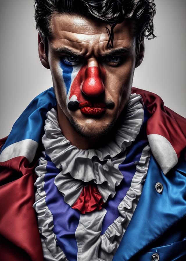 Artificial Intelligence (AI) generated image art, ..., 25 years old, super handsome, portrait, hyper detailed face, sad clown, magic, hdr, 4k