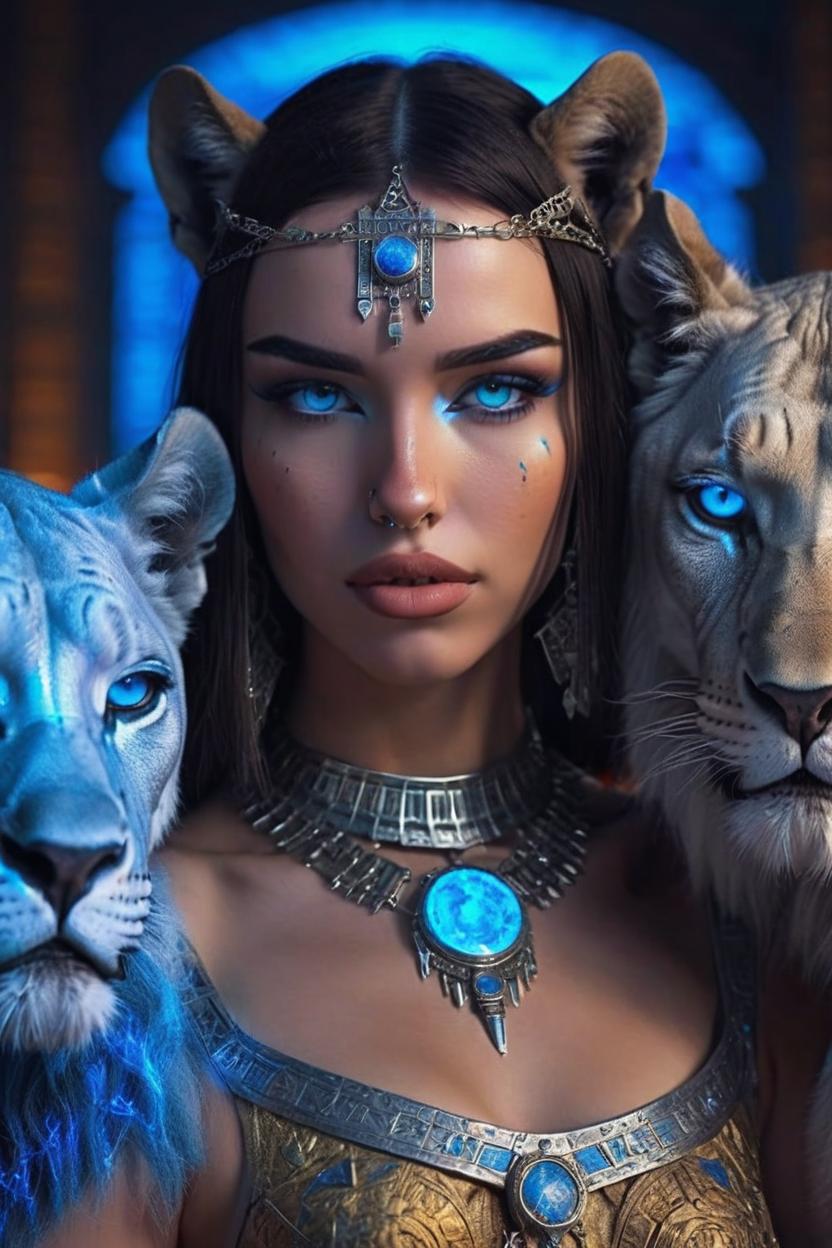 Artificial Intelligence (AI) generated image art, ..., as a medieval goddess with two lions in the tarot card \'strength\', Girl, mysterious, egypcian, neon glow colors, metal, silver, highly intricate details, blue eyes, 3d, cgi, realistic light, trending on cgsociety, glowing eyes, ultra realistic details, pose, portrait, fantasy atmosphere, global illumination, shadows, octane render, 8 k,