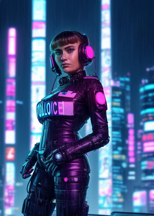 Artificial Intelligence (AI) generated image art, (... portrait), futuristic kawaii cyberpunk police, in heavy raining futuristic tokyo rooftop cyberpunk night, digital painting, cinematic lighting, sharp focus