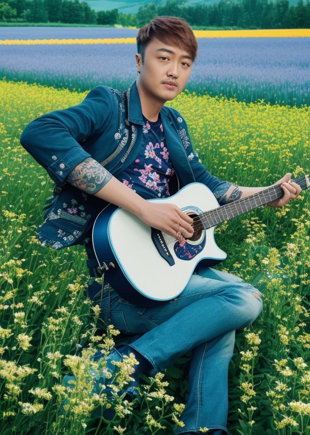 Artificial Intelligence (AI) generated image art, ..., portrait, in playing guitar, in flower field, photography, blue hour, shot on Hasselblad H6D-400c, shot on Arri Alexa 35 set, by Annie Leibovitz
