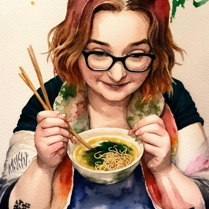 Artificial Intelligence (AI) generated image art, ..., as watercolor portrait eating ramen soup in a ramen shop