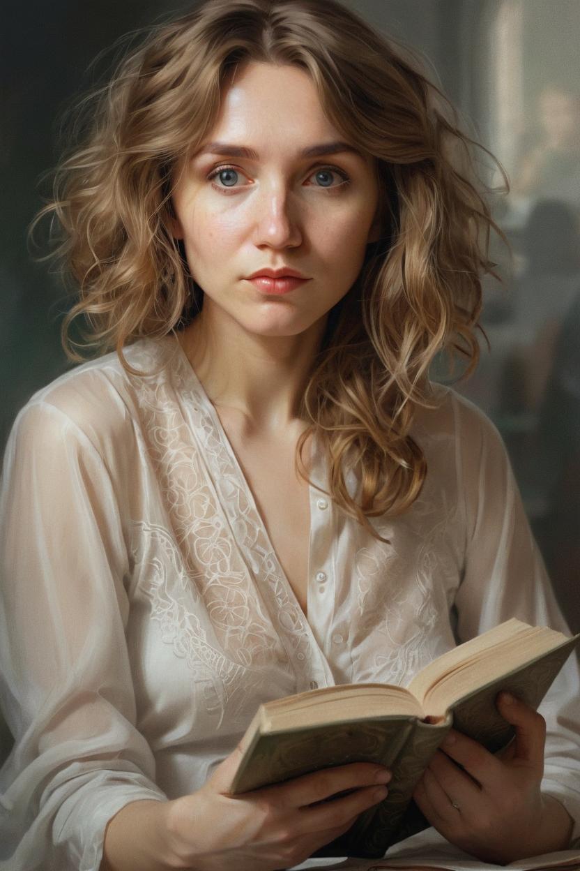 Artificial Intelligence (AI) generated image art, ..., Portrait of young woman read the book, real life skin, intricate, elegant, highly detailed, artstation, concept art, smooth, sharp focus, art by artgerm and greg rutkowski and alphonse mucha