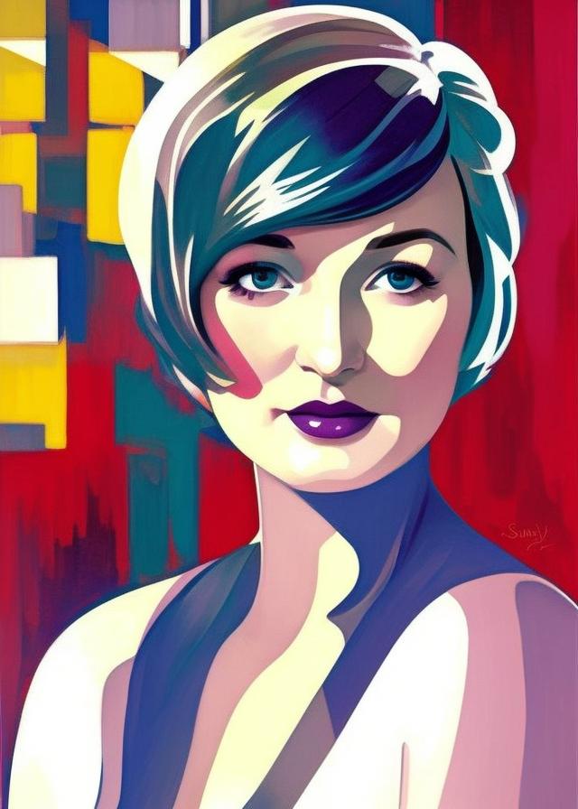 Artificial Intelligence (AI) generated image art, ..., shiny bob haircut, dramatic light, art deco city background, high contrast, sharp, painted by stanley lau,, painted by stanley artgerm,, painted by patrick nagel