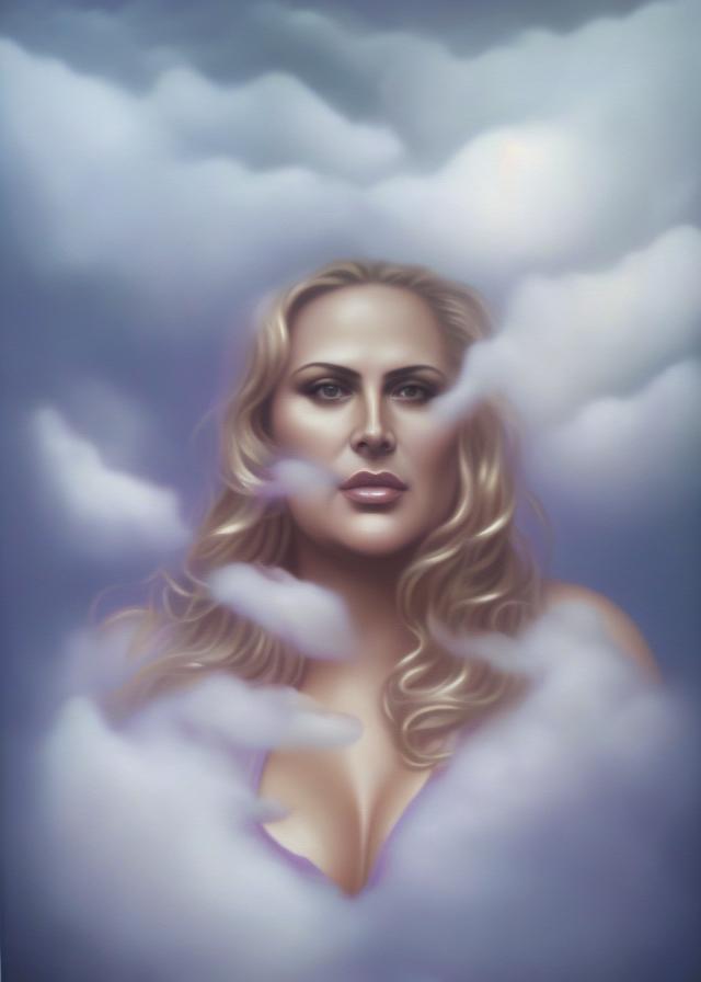 Artificial Intelligence (AI) generated image art, ..., euphoric woman floating in translucent clouds, psychic mist, beautiful ethereal, hyperrealism.