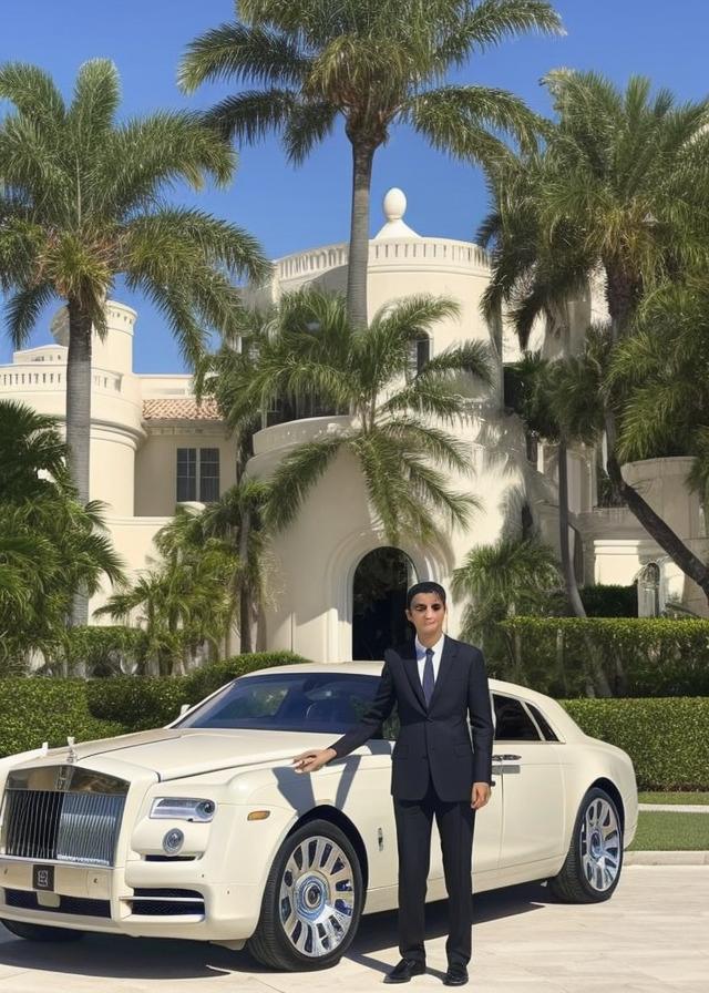 Artificial Intelligence (AI) generated image art, ... standing in front of Mar-a-Lago with a rolls Royce beside him