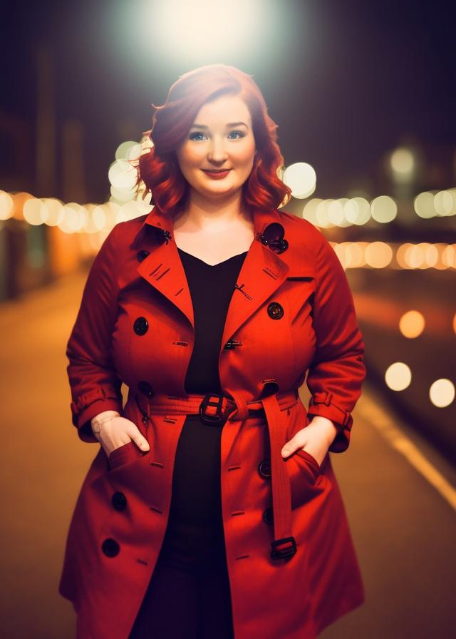 Artificial Intelligence (AI) generated image art, ..., realistic portrait, woman with brown red hair, bright, ((nighttime)), ((dark lighting)), ((london background)), ((bokeh background)), ((red trench coat))