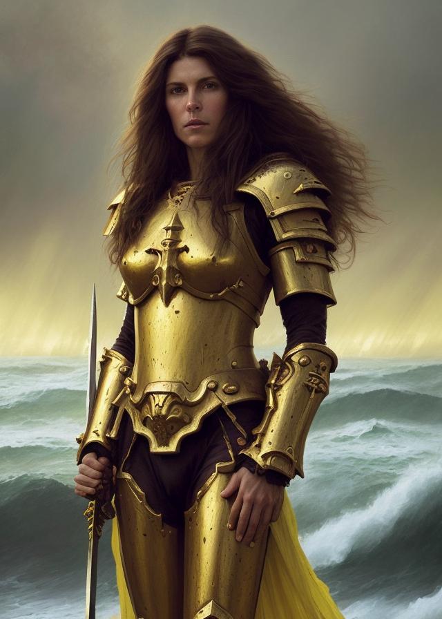 Artificial Intelligence (AI) generated image art, ..., as fantasy, beautiful, warhammer marine, after battle, kneeling, holding sword in right hand, (full body armor, yellow and purple clothing), long, flowing hair, ((portrait and torso)), digital, epic scene, epic light (highly detailed), storms and raging ocean in background, sharp faces, by Greg Rutkowski and Klimt and Gaston Bussiere, humble expression, 8K, intricate detailed, fine details, artstation, masterpiece, elegant, digital painting, illustration, concept art, smooth, sharp focus, symmetric face, detailed face, award winning photo, majestic