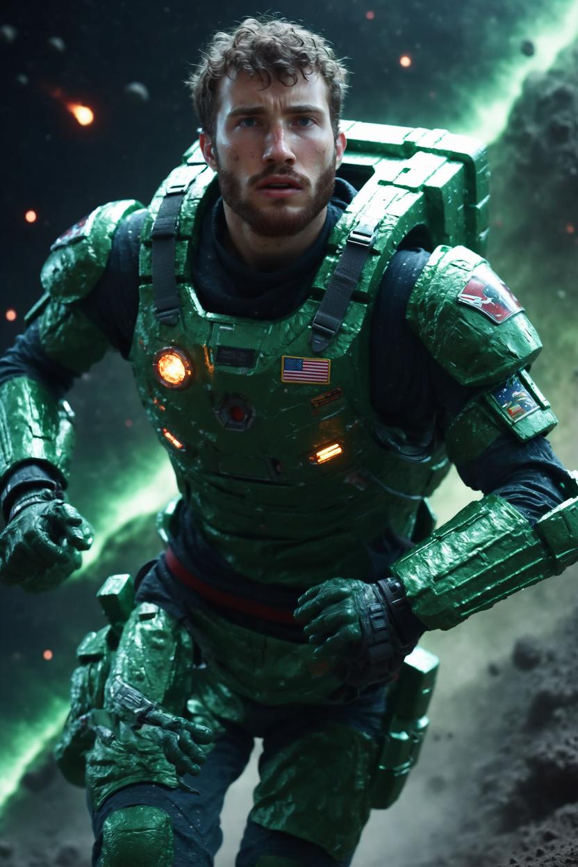 Artificial Intelligence (AI) generated image art, ..., as space soldier, in intense space battle, running, art by greg rutkowski, on green planet, highly detailed, photorealistic, sharp focus, 8k, cinematic lighting, highly detailed, futuristic glow