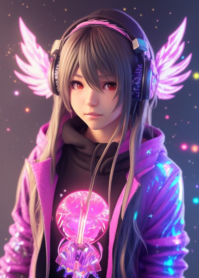 Artificial Intelligence (AI) generated image art, ..., portrait of an 3d anime character with cute sparkly eyes wearing a psychedelic holographic hoodie and headphones, long hair with pastel colors in the style of code vein by Kurumi Kobayashi Koichi Itakura, 3d anime, octane render, dynamic dramatic lighting, with glitch and chromatic abbreviations, artstation, cgsociety, imaginefx, by anime concept artist, rendered in unreal engine, by WENJR, WLOP, artgerm