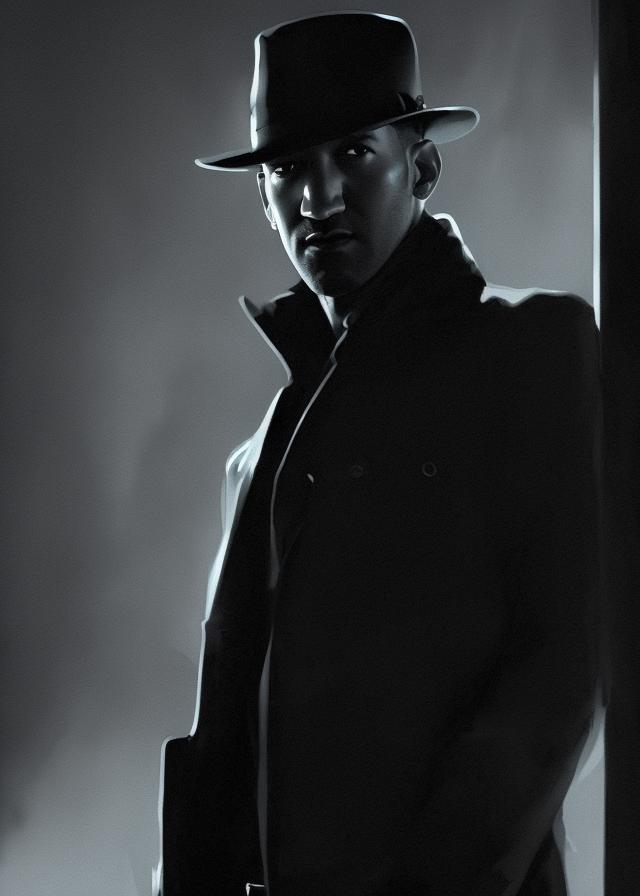 Artificial Intelligence (AI) generated image art, ..., ..., as noir detective, Single face, dramatic lighting, cinematic, establishing shot, extremly high detail, photo realistic, cinematic lighting, post processed, concept art, artstation, matte painting, style by eddie mendoza, raphael lacoste, alex ross