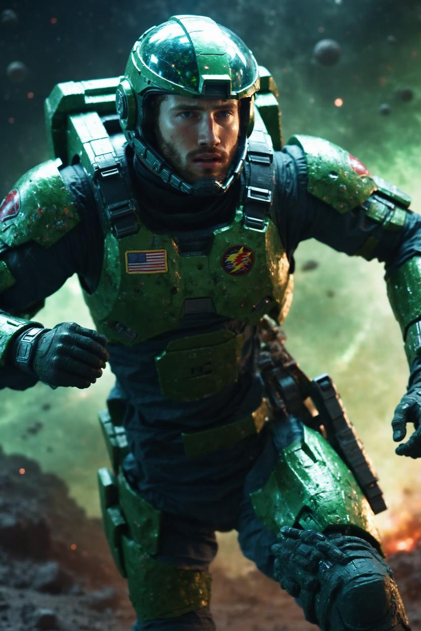 Artificial Intelligence (AI) generated image art, ..., as space soldier, in intense space battle, running, art by greg rutkowski, on green planet, highly detailed, photorealistic, sharp focus, 8k, cinematic lighting, highly detailed, futuristic glow