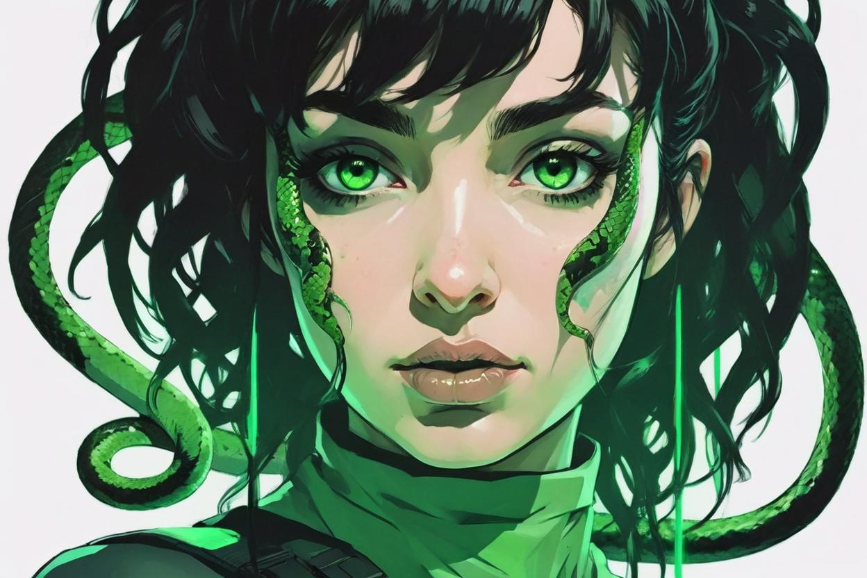 Artificial Intelligence (AI) generated image art, ..., art by Katsuhiro Otomo, snake girl, black hair with green at the ends, (Gradient theme), cyberpunk style, minimalism art, Brocore, epic fantasy, minimalism, minimalist