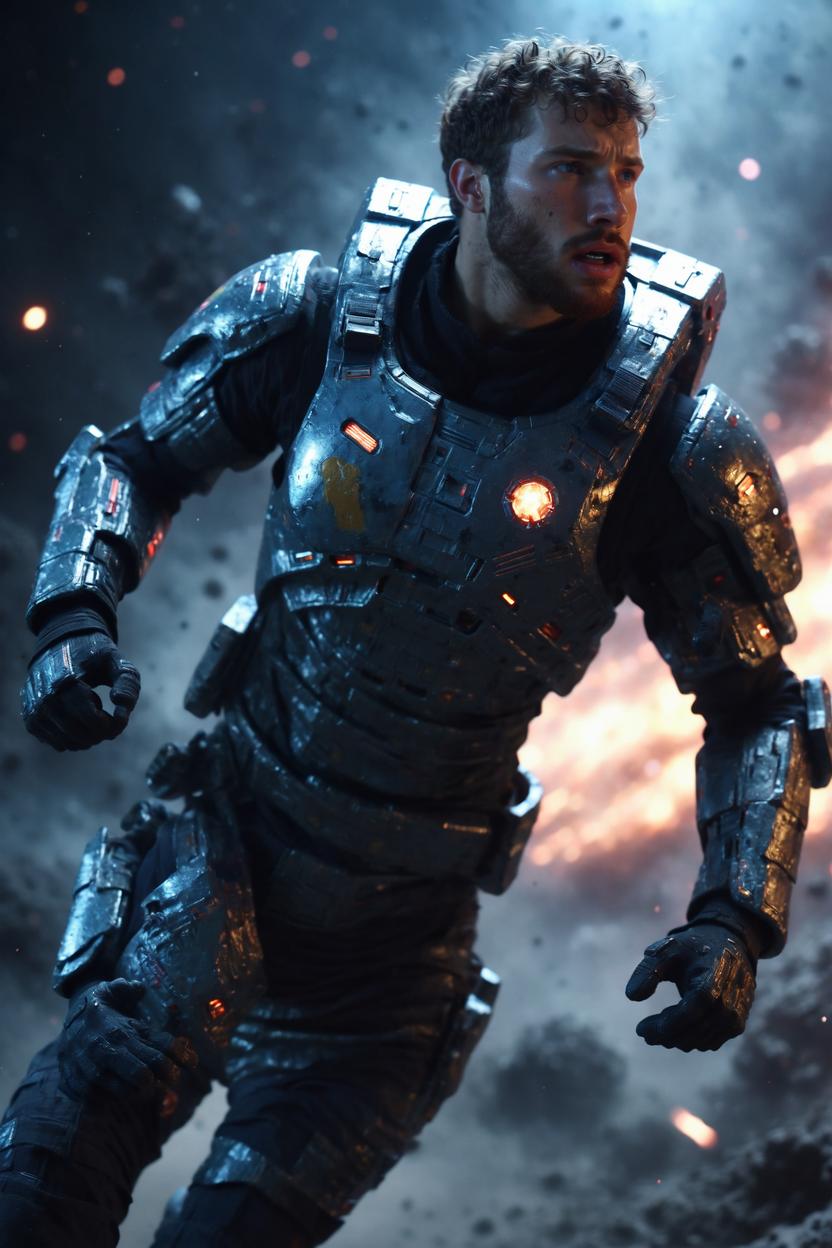 Artificial Intelligence (AI) generated image art, ..., as space soldier, in intense space battle, running, art by greg rutkowski, highly detailed, photorealistic, sharp focus, 8k, cinematic lighting, highly detailed, futuristic glow