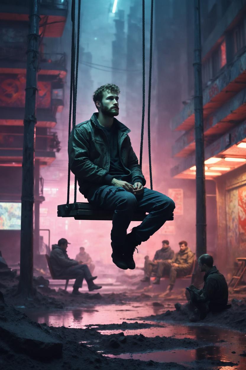 Artificial Intelligence (AI) generated image art, ..., sitting on a swing, (art by greg rutkowski), in a soviet futuristic cyberpunk city, dystopian, cinematic lighting, masterpiece art, communist symbolism