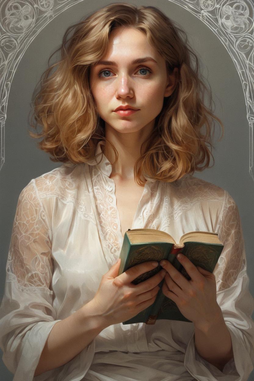 Artificial Intelligence (AI) generated image art, ..., Portrait of young woman read the book, real life skin, intricate, elegant, highly detailed, artstation, concept art, smooth, sharp focus, art by artgerm and greg rutkowski and alphonse mucha