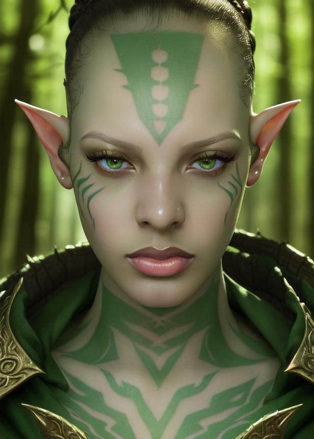 Artificial Intelligence (AI) generated image art, ..., ((portrait)), fantasy wood elf, (pointy elf ears, pale green skin, small forehead tattoo)), ((fantasy ranger)), man bun hair, close up, facing front, dnd art, (art by Greg Rutkowski), highly detailed, sharp focus, 4k, ((in a forest)), (((magic glow)))