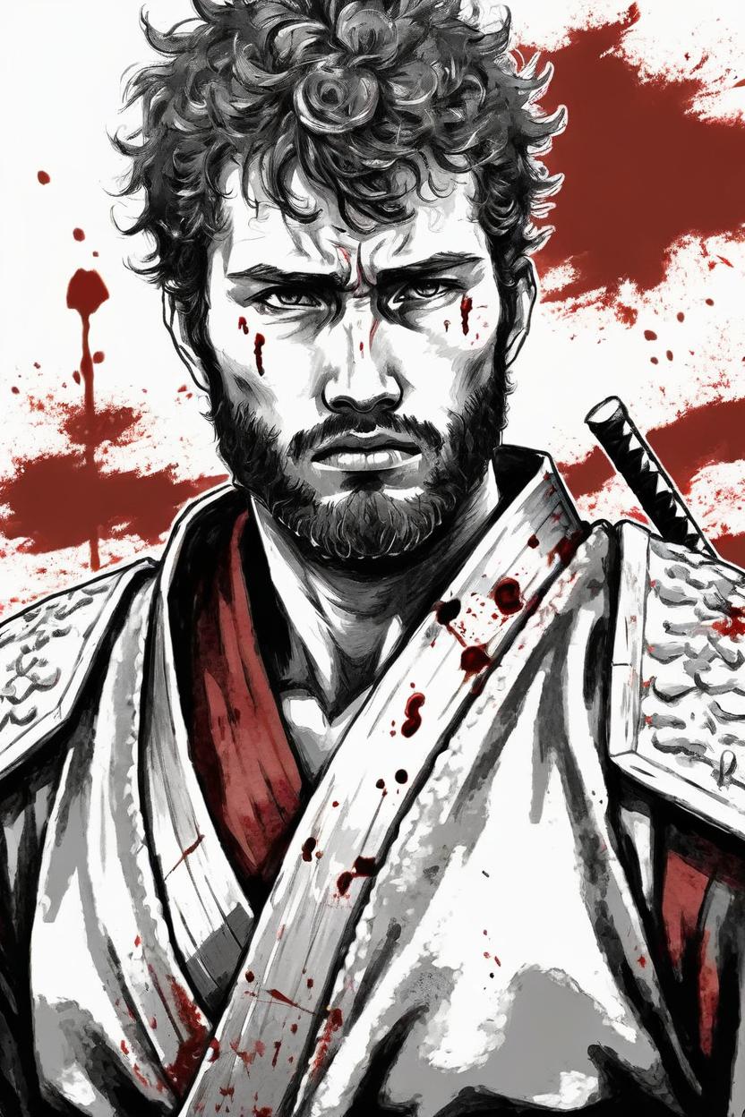 Artificial Intelligence (AI) generated image art, ..., ... like a samurai after a battle, tired and fool of blood. Manga style.