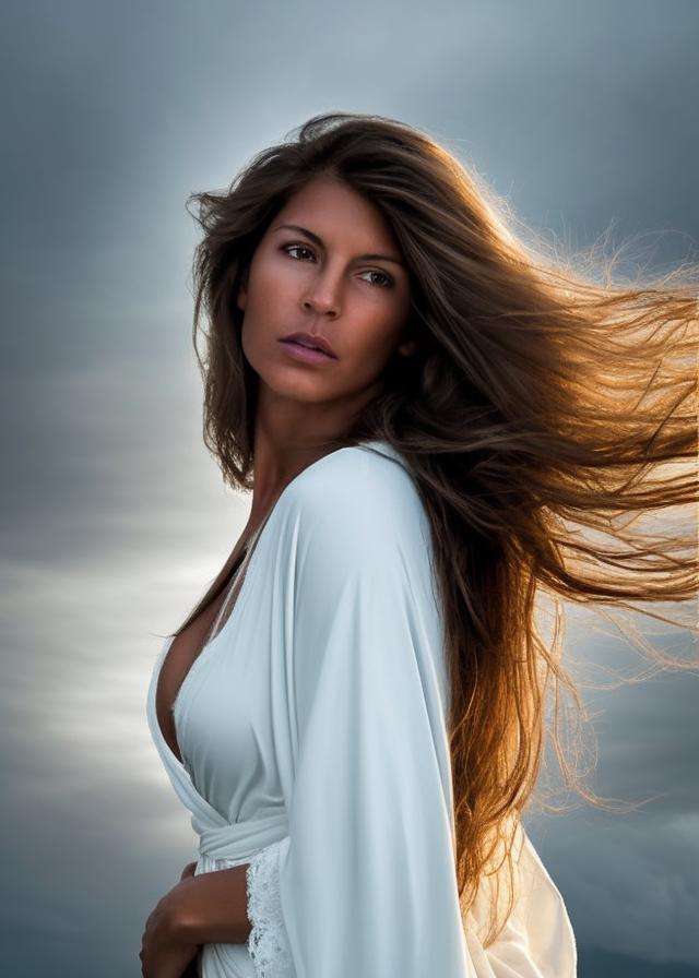 Artificial Intelligence (AI) generated image art, ..., The award-winning international photograph captures the image of a beautiful ghostly, spirit, woman, “ascending into Heaven”, with tan skin, brown eyes, and long hair. Wearing flowing white robes. Her big brown eyes reflect a tender and deep gaze as clouds billow around her. The photograph, taken with a Canon 50mm lens, shows a dramatic clouded sky blurred in the background, further highlighting the beauty of the model. Every detail of the image is optimized to the fullest, making this photograph a masterpiece that conveys a sense of delicacy and strength at the same time. amazing\"\"\"\"\"