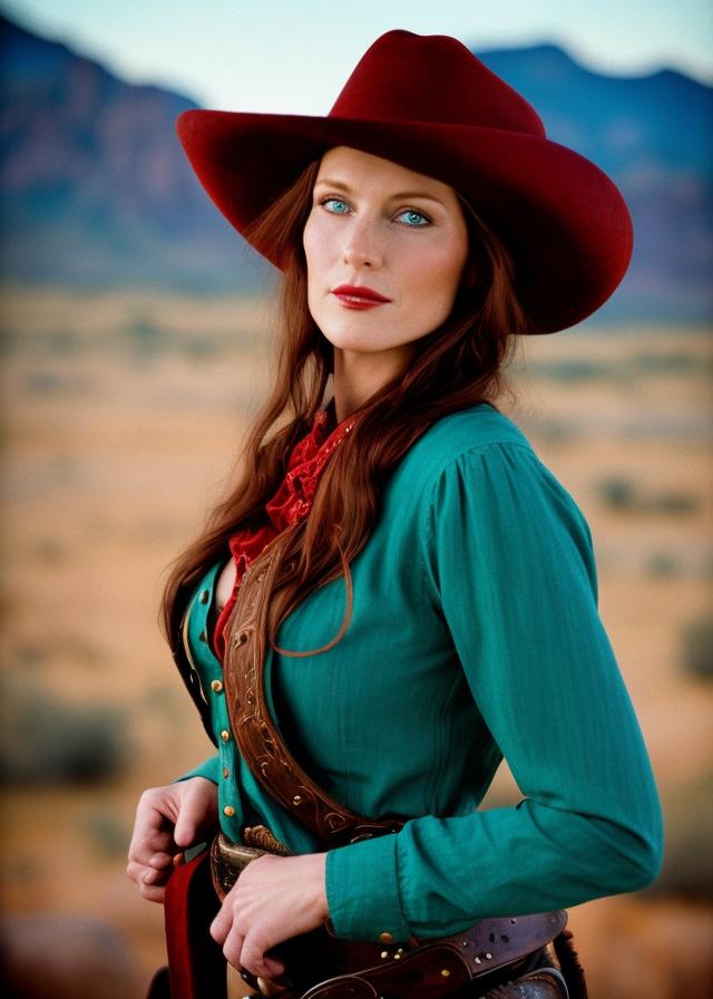 Artificial Intelligence (AI) generated image art, ... as cowboy, woman, wearing a hat, cinematic, blue hour, in wild west mountains, Kodak Portra 800 film SMC Takumar 35mm f/ 2. 8 c 50, detailed face, red hai, light green eyes.