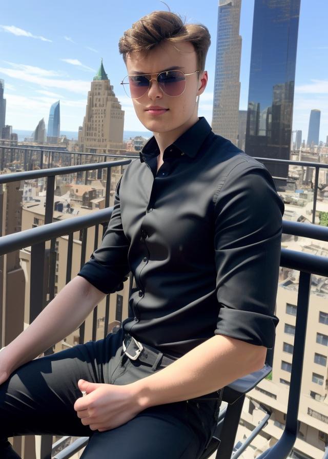 Artificial Intelligence (AI) generated image art, ..., sitting on a balcony, wearing sunglasses and a black unbuttoned shirt, highly detailed, UHD, 8K, bokh, dof, background big city in America