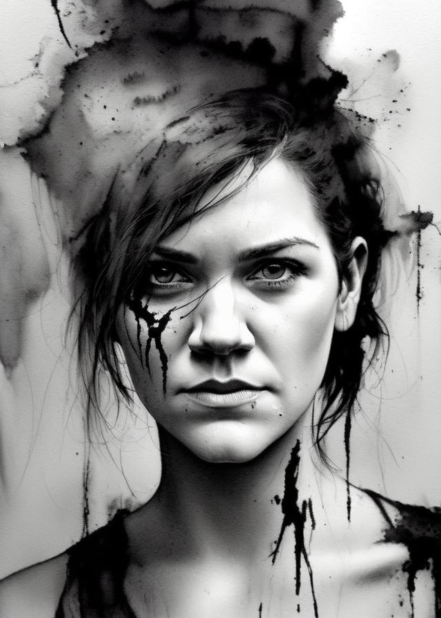 Artificial Intelligence (AI) generated image art, ..., in A provocative portrait of a post-apocalyptic survivor, hauntingly beautiful, a mix of charcoal andwatercolors creating an eerie dystopian atmosphere, in the style of Jenny Saville and Gerhard Richter, powerful use of negative space and contrasting tones, hints of a ruined cityscape in the backdrop, a testament to human resilience